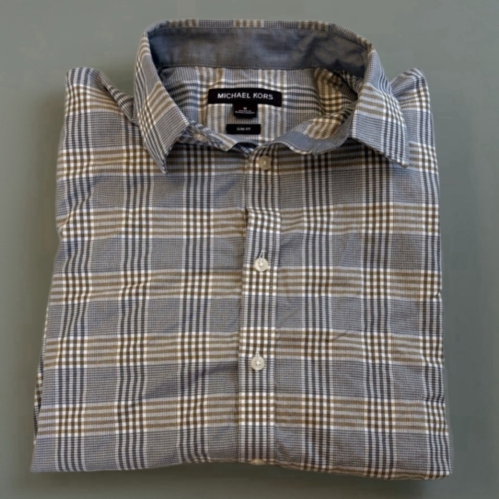 Michael Kors Men's Plaid Shirt in Gray and Tan - Picture 2 of 4